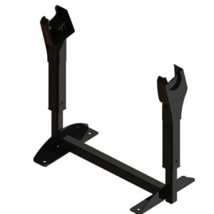 Bilbarnstol-hållare Curve/City/Carve/Flow är en svart metallhållare med två upprättstående armar och en platt bas, med en robust böjd design för att säkert hålla ditt föremål, visad mot en vit bakgrund.