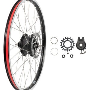 Bakhjul med ett Bakhjul Enviolo Cargo-nav med svart fälg, distinkt röd rand och silverekrar, tillsammans med komponenter som ett kedjehjul, ringar och bultar; perfekt för mountainbike-entusiaster och kompatibel med Enviolo Cargo-system.