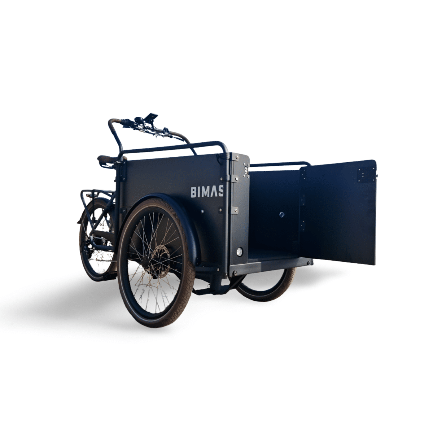 Bimas Premium Dog elektrisk trehjuling i svart med "BIMAS"-märkning, med en stor lastlåda fram och en öppen sidodörr för enkel lastning, designad för transport av hundar eller varor, visas mot en vit bakgrund.