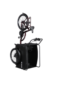 Bimas Premium Dog cargo trehjuling med stor frontlåda för hundar, stående upprätt på baksidan, framhjul och styre upphöjda.