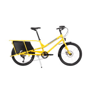 En gul Yuba Kombi-lastcykel med ett långt bakre pakethållare, svart sadel och svart styre visas mot en enfärgad vit bakgrund – en praktisk elfri longtail-lösning för transport av tunga laster.