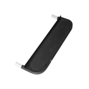 Vy uppifrån av Compact AlloyBoards sparkcykeldeck med en elegant svart rektangulär design, slitstarka cylindriska metalländar, halkfri texturerad ståyta och rundade hörn, visat mot en vit bakgrund.