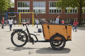 En svart och orange Lastcykel Arkona lastcykel med mittdrevsmotor parkerad p&aring; en skolg&aring;rd med lekande och gungande barn i n&auml;rheten.