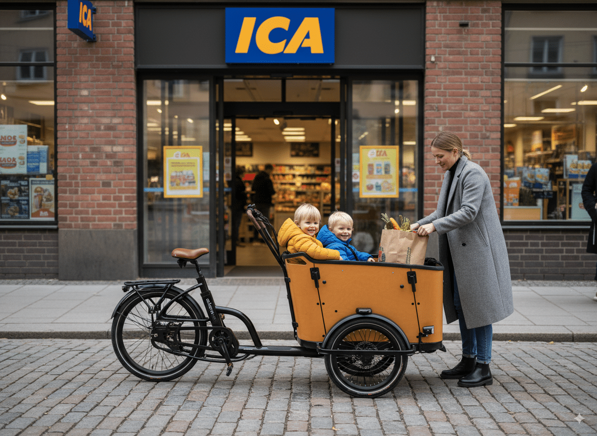 En kvinna lastar in matvaror i en Lastcykel Arkona med två små barn sittande på, parkerad utanför en ICA-butik.
