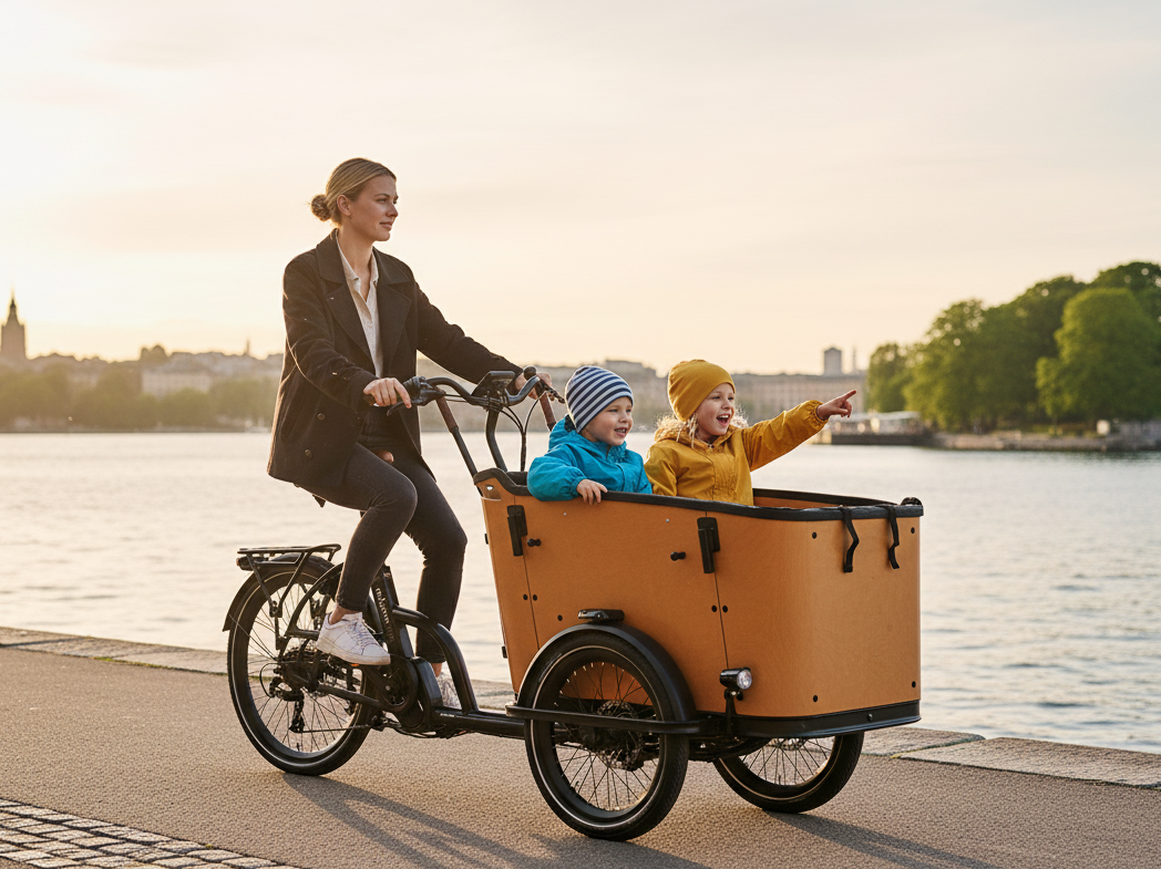 En kvinna cyklar på en Lastcykel Arkona med två små barn i framlådan längs en strandpromenad som kantas av träd och byggnader.