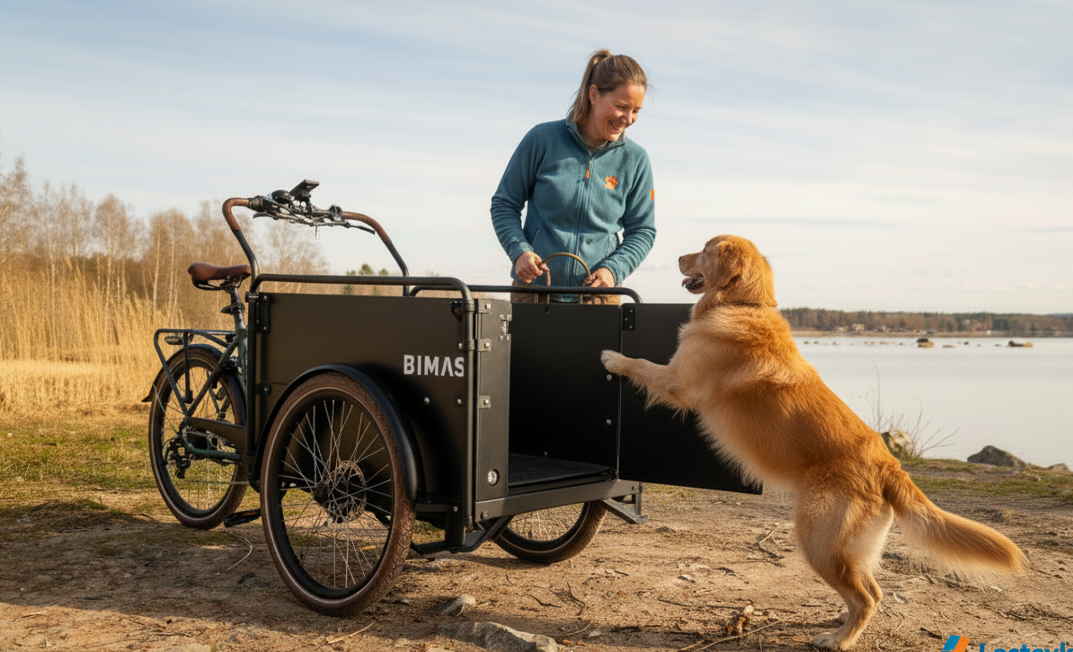 En leende kvinna hjälper en golden retriever in i lastutrymmet på en trehjulig BIMAS-cykel vid en sjö med torrt gräs och träd bakom dem.