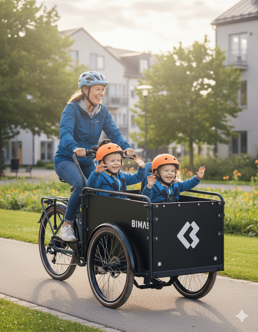 En leende kvinna med hjälm cyklar på en lastcykel tillsammans med två barn i orange hjälmar och blå jackor på en stig i ett förortsområde.