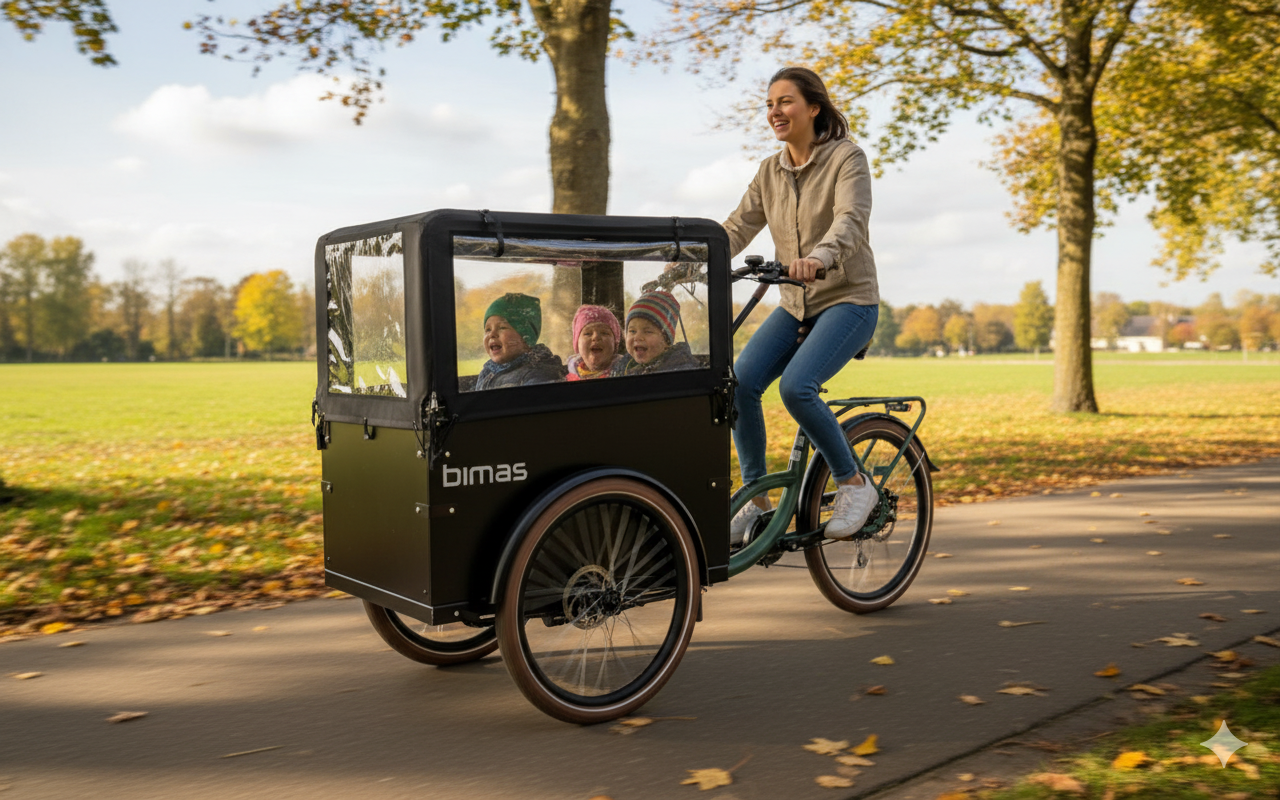 En leende kvinna trampar på en trehjulig lastcykel med tre glada barn i ett täckt framfack längs en solig, trädkantad väg.