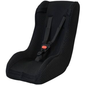 Barnstol 9-18 månader är en svart småbarnstol för lastcykel med strukturerat tyg, fempunktssele och ett spänne med röd frigöringsknapp.
