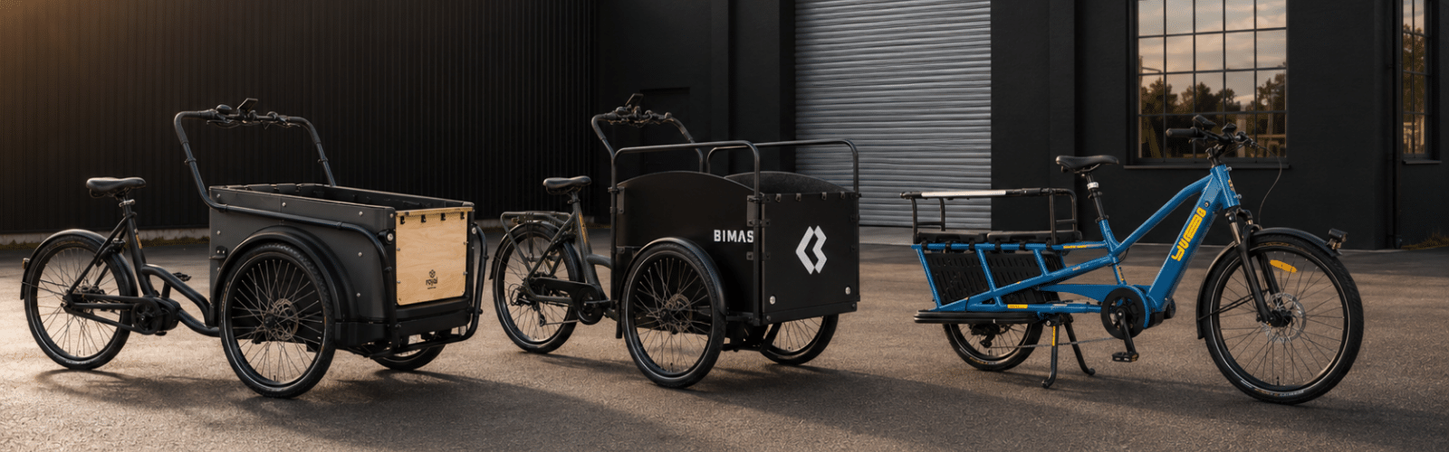 En lådcykel en lastcykel och en Yuba longtail cykel är parkerade sida vid sida på trottoaren utanför en industribyggnad, var och en utformad för att transportera last med olika främre och bakre lastutrymmen.