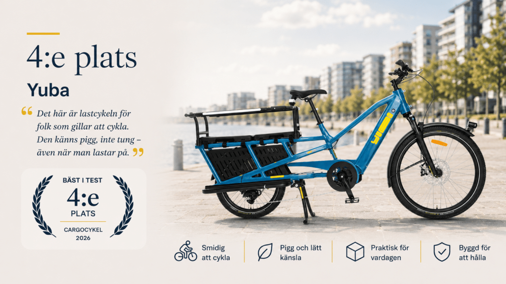 En blå Yuba lastcykel, rankad 4:e och känd för sin praktiska och hållbara konstruktion, är parkerad på en gångväg vid vattnet med moderna lägenheter bakom. I informationstexten nämns Bäst i test 2026 låstcyklar bland dess höjdpunkter.
