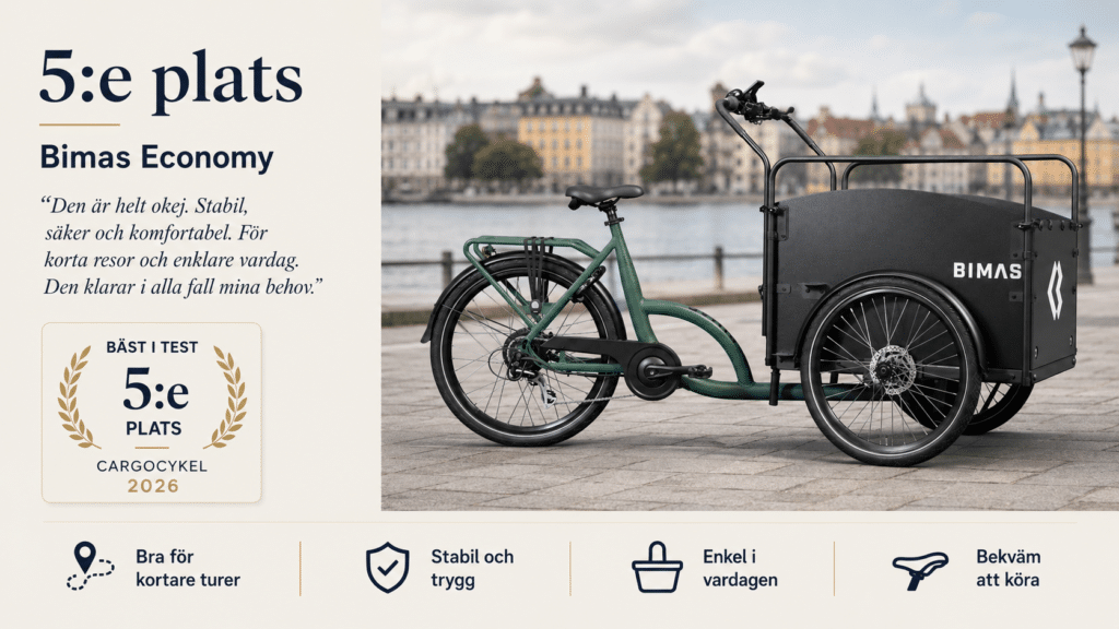 En svart och grön lastcykel märkt "BIMAS" är parkerad på en strandpromenad. Texten lyfter fram dess stabilitet, komfort och säkerhet. Med utmärkelsen Bäst i test 2026 låstcyklar är den idealisk för korta resor. I bakgrunden syns en stadsbild.