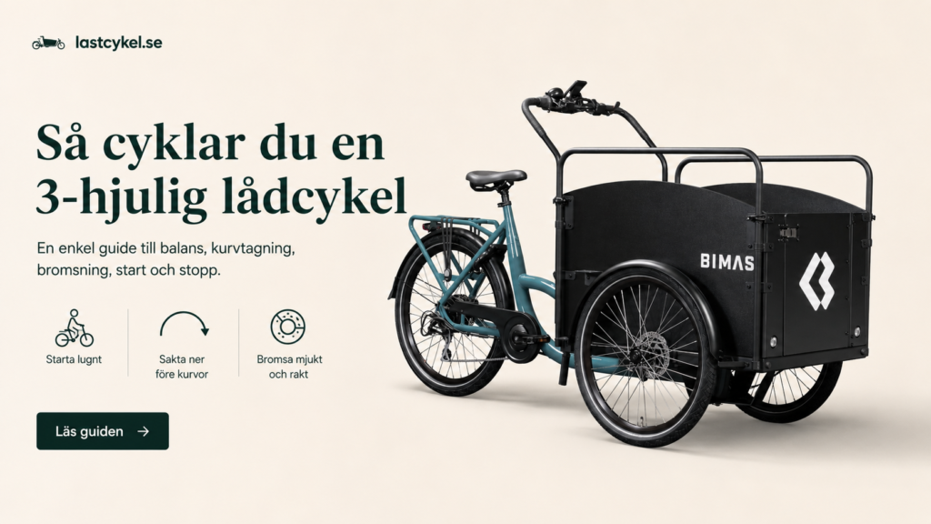 En blågrön 3-hjulig lådcykel med en stor svart låda märkt "BIMAS" står mot en ljus bakgrund. Svensk text guidar dig i hur du cyklar lådcykeln, med hjälpsamma ikoner och en grön knapp.