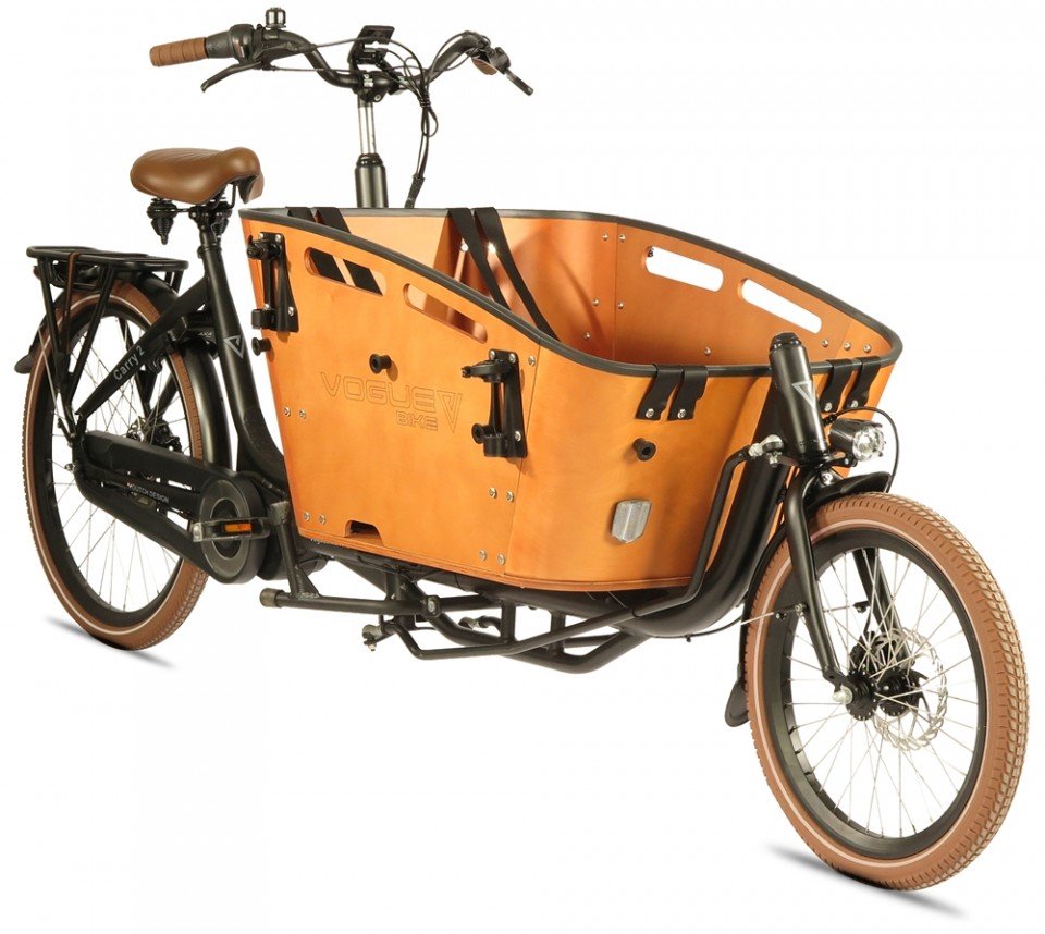 Svart Qivelo Curve 2.2 med Ananda-mittmotor – en eldriven lastcykel med en stor främre låda i trä och bruna däck.