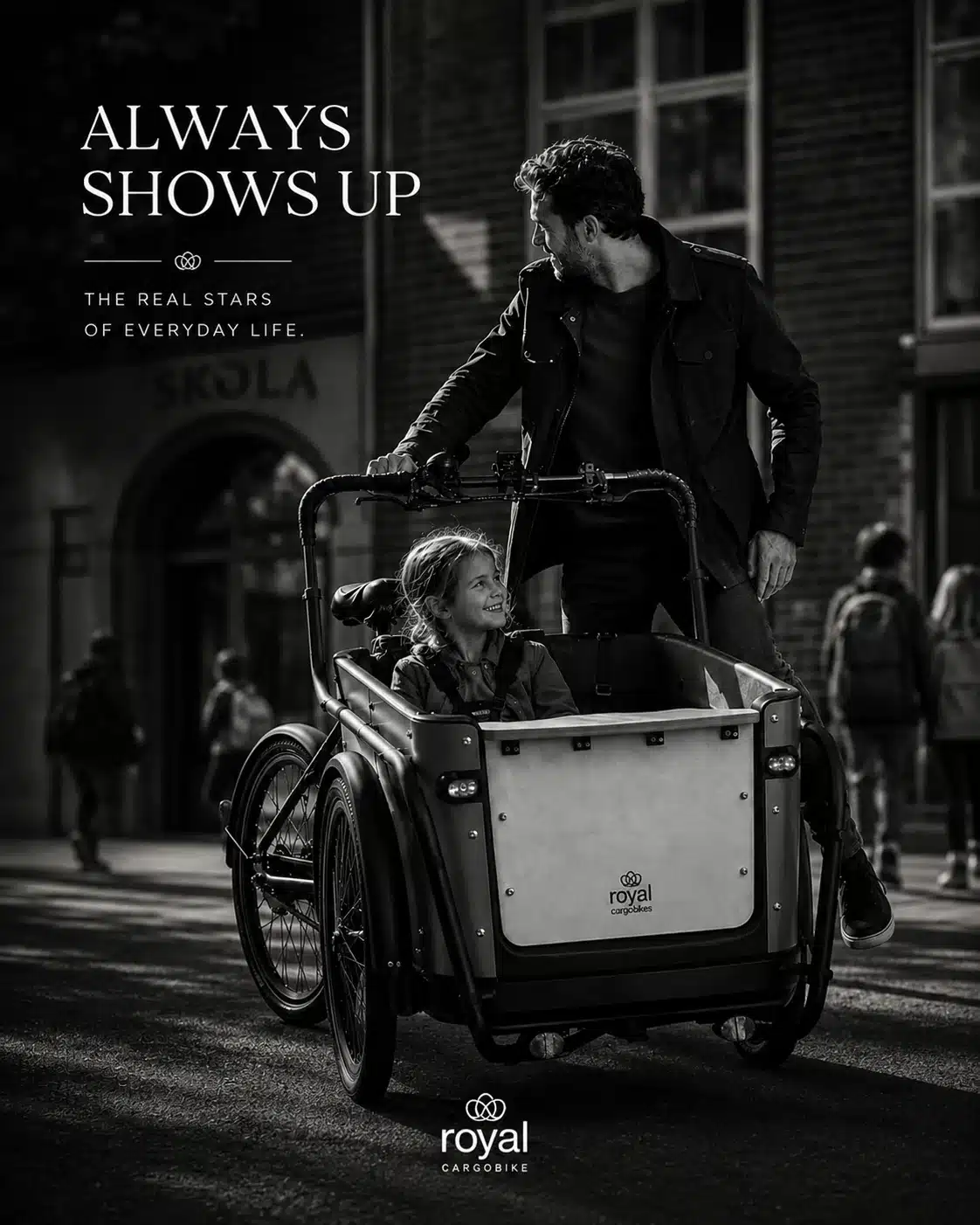 Always Shows Up – pappa hämtar sitt barn vid skolan med Royal Cargobike