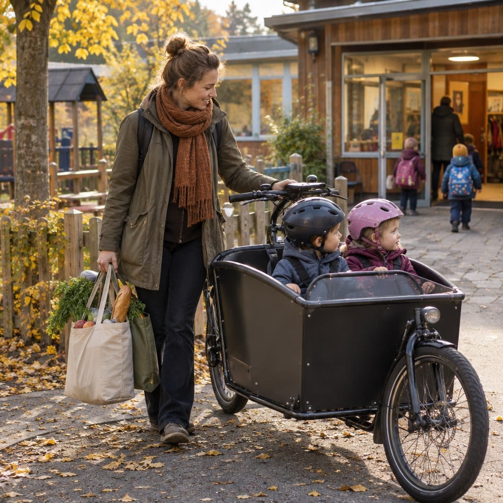 En kvinna går över en skolgård och drar en lastcykel för att cykla till förskolan; i det främre facket sitter två barn med hjälmar på sig, och hon bär med sig återanvändbara matkassar.
