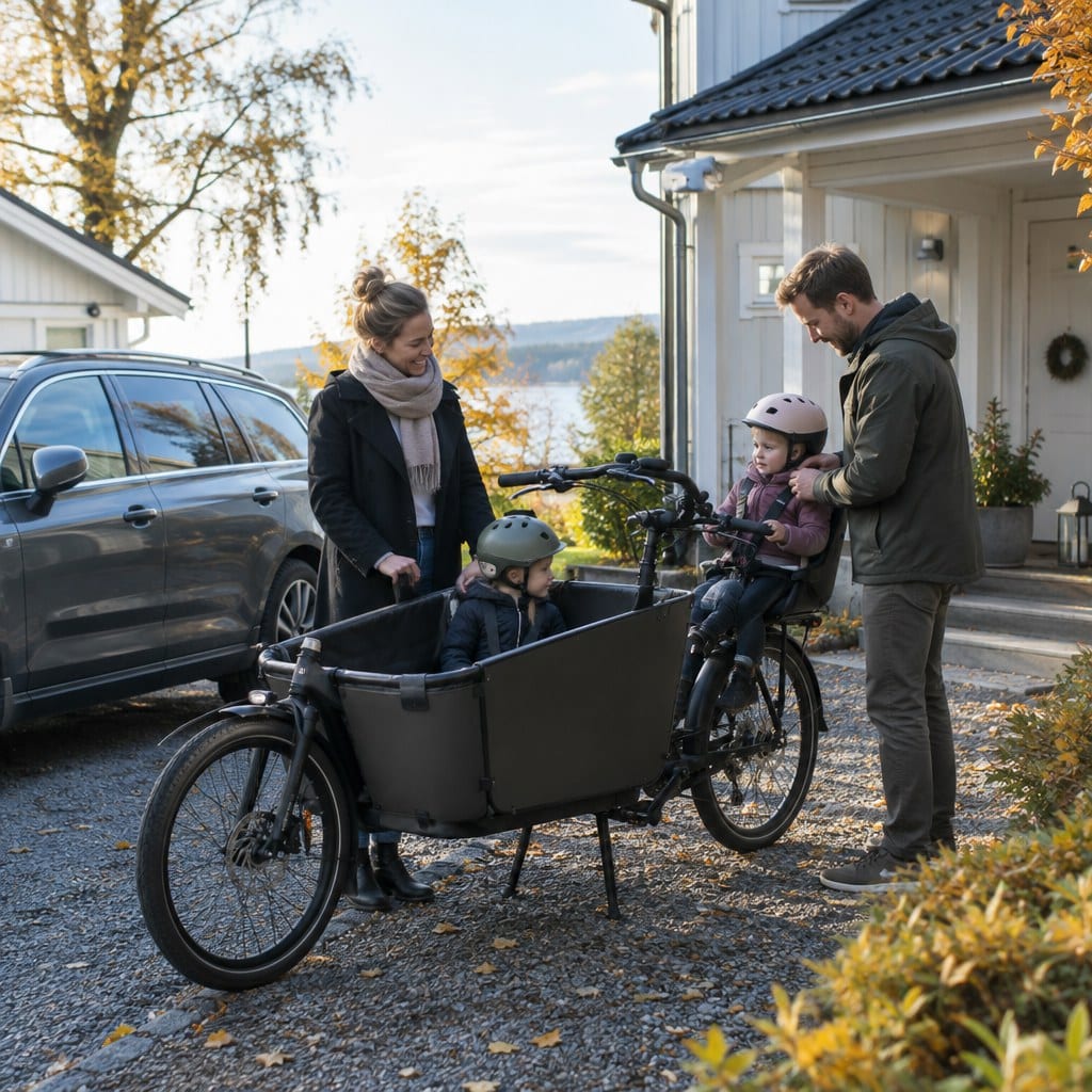 Föräldrarna hjälper sina två barn att sätta sig på en lastcykel utanför sitt hem, som ett alternativ till bilen.