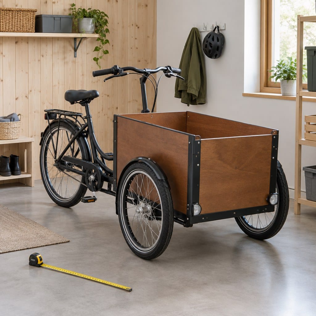 En svart trehjulig lastcykel med en stor låda av trä står bredvid ett gult måttband, som är praktiskt för att förvara lådcykeln.